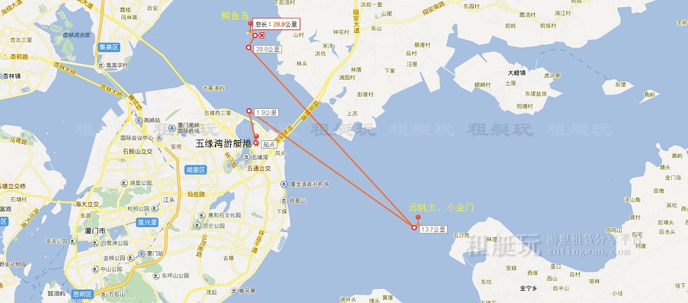 五緣灣游艇碼頭→大、小金門→鱷魚島→五緣灣游艇碼頭